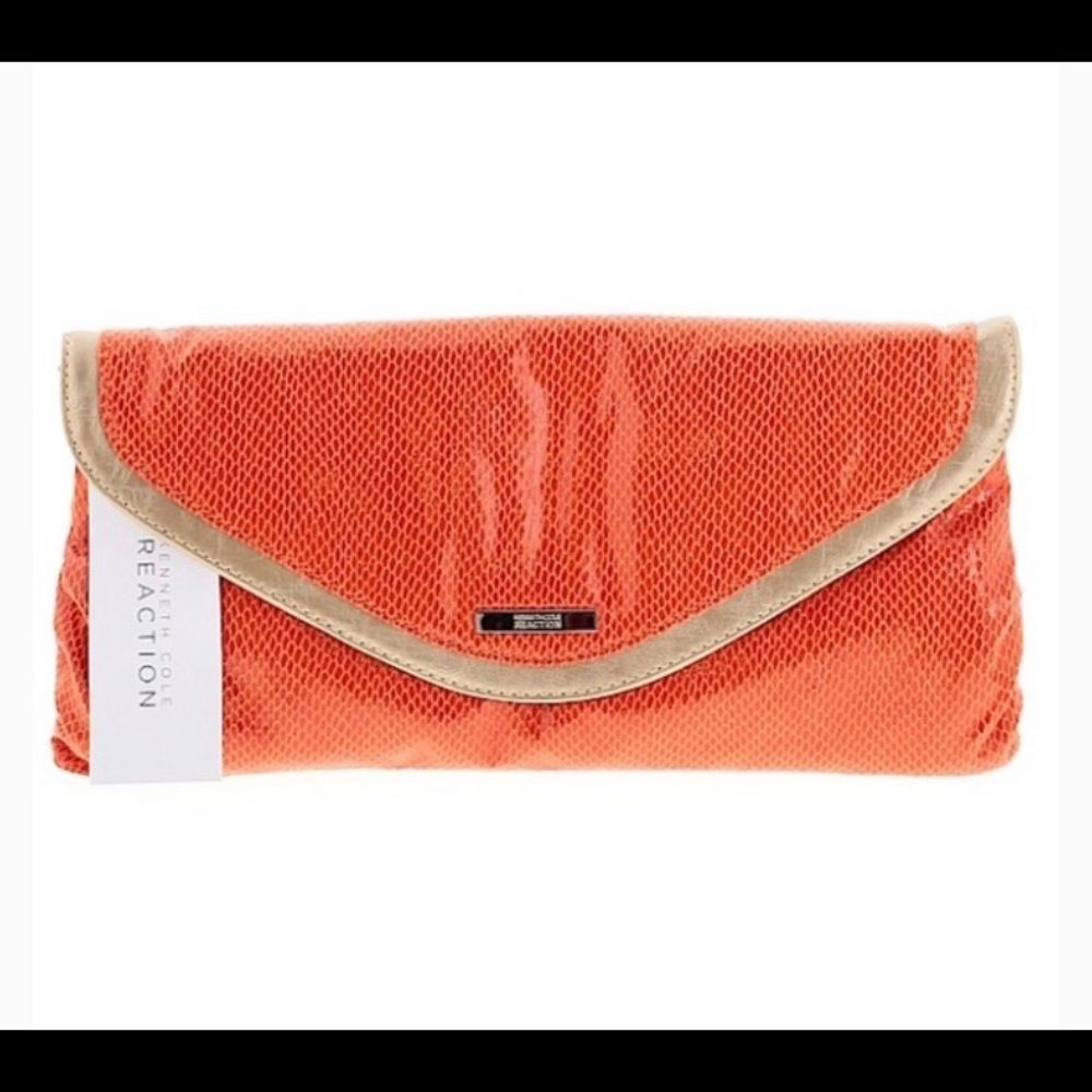 Kenneth Cole Reaction Clutch Orange Faux Vegan Exotic Leather Snake Lizard